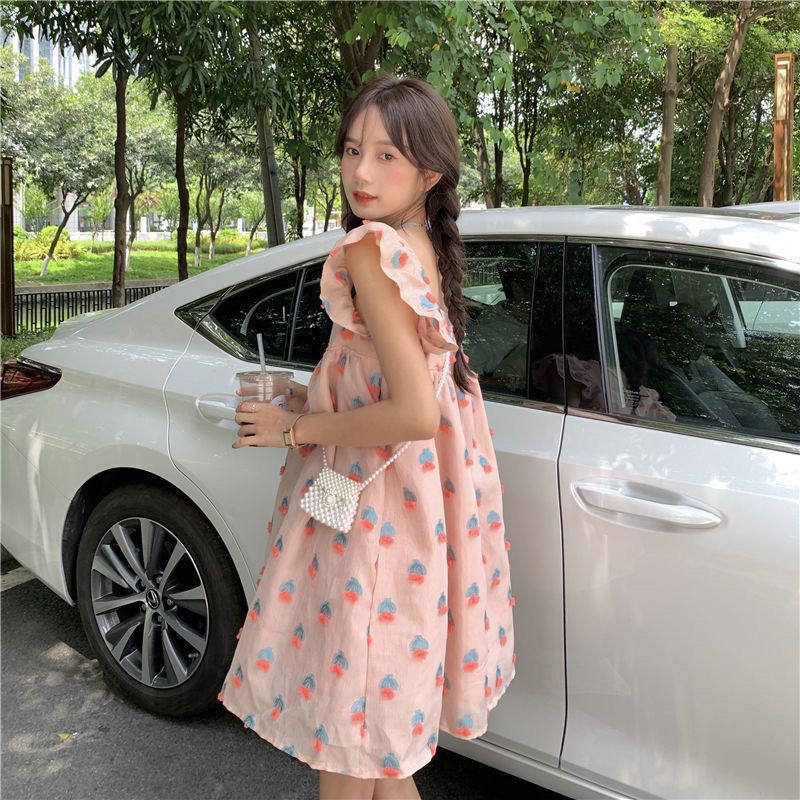 [MikanHiro Store] Dress Line A Cute Dress Peach Short Korean Style Summer Dress Gaun Lucu Remaja