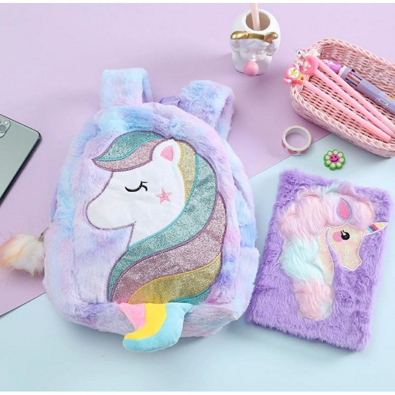 Tas Ransel Unicorn Fur Lembut Anak TK Paud kado ultah anak TK Tas sekolah paud bulu kado unicorn