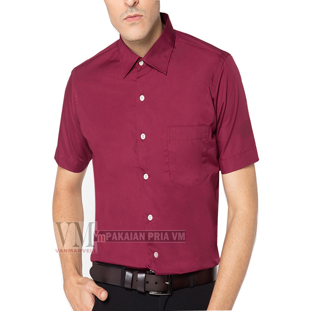 VM Kemeja Polos Slimfit Merah Maroon Pendek Katun - Short