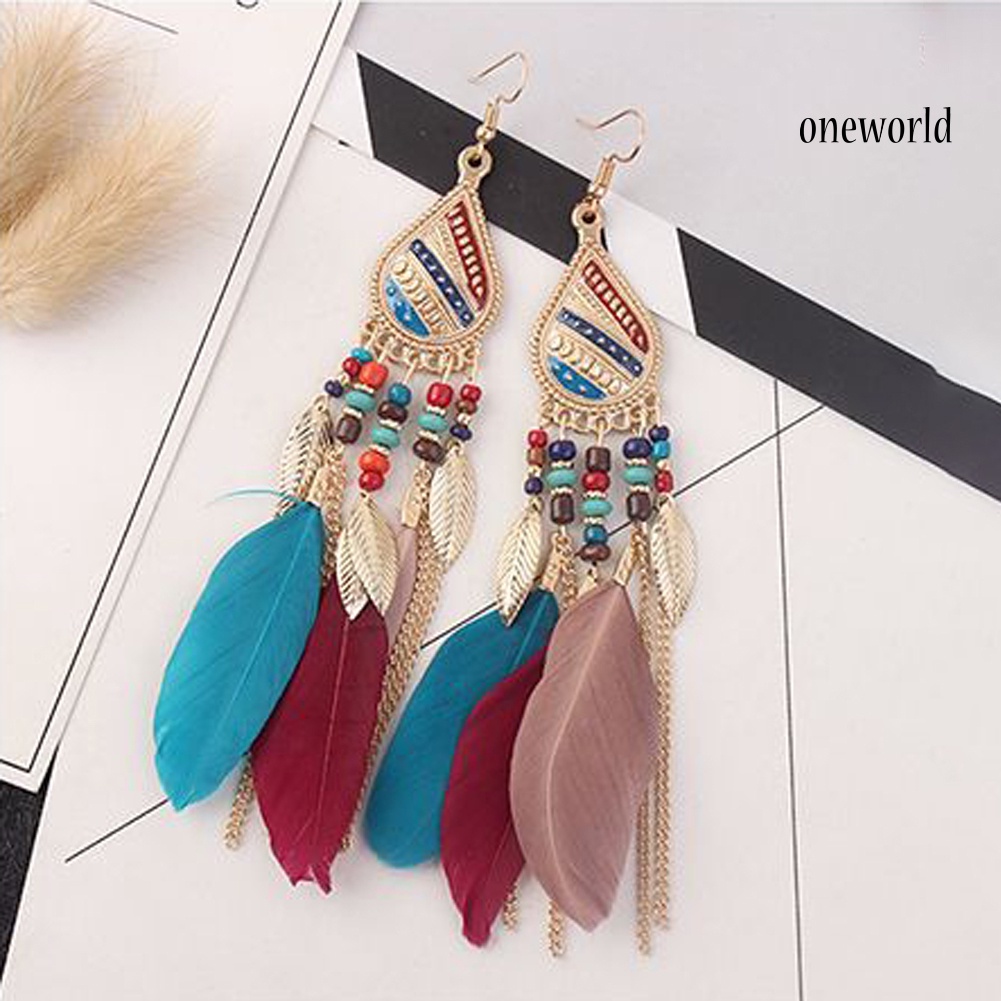 OW@ Vintage Elegant Long Pendant Dangle Hook Feather Earrings Women Jewelry Gift