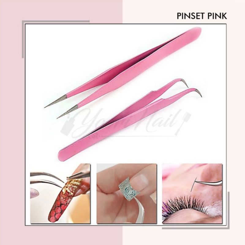 Pinset pink biasa lurus bengkok lancip tweezers nail art pinset eyelash extension