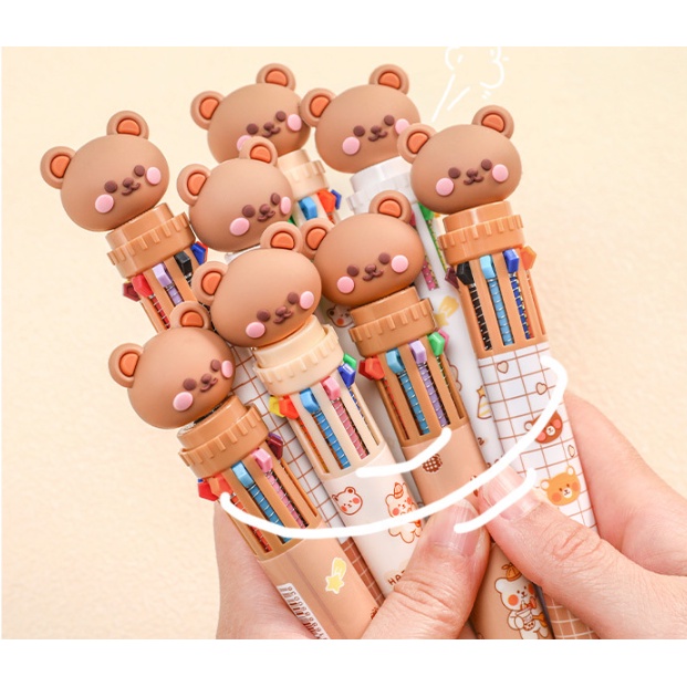 Bolpoin Warna BEAR 10 in 1 / Pulpen 10 Warna / Pena Warna 10in1 / Ballpoint Gel Pen Colorful / Pulpen Karakter Beruang 10 Warna / Pulpen Gel 0,5 mm