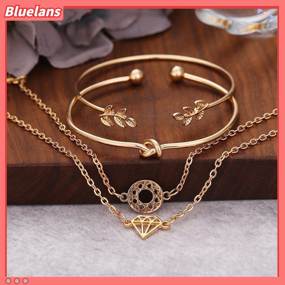 4pcs / Set Gelang Bangle Model Terbuka Bentuk Daun Simpul Hollow Aksen Kristal Gaya Boho Untuk Wanita