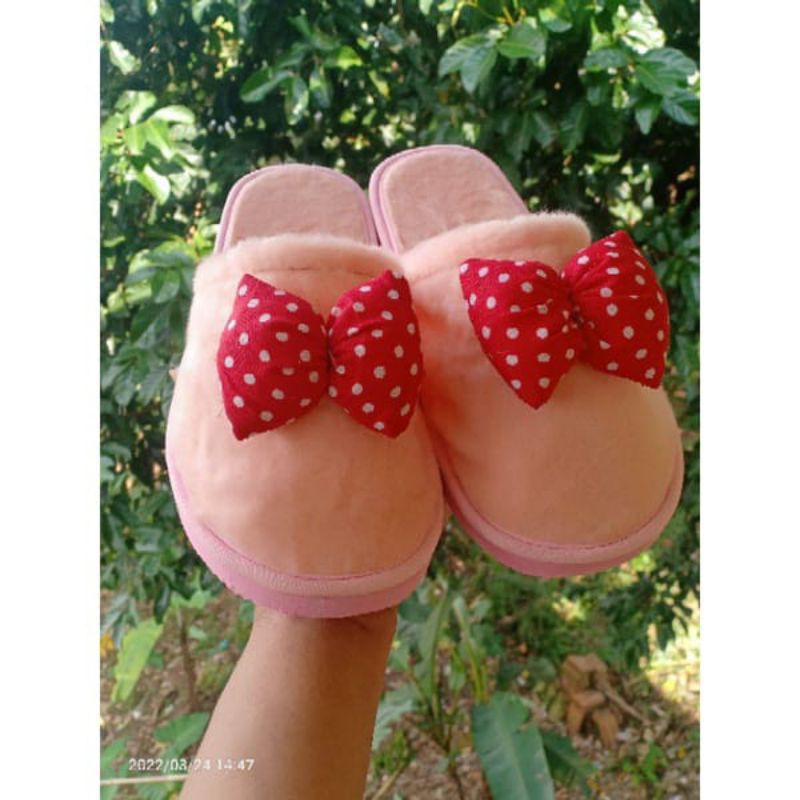 Sandal Slop Bulu Pita Polkadot Sandal Bustong Rumahan