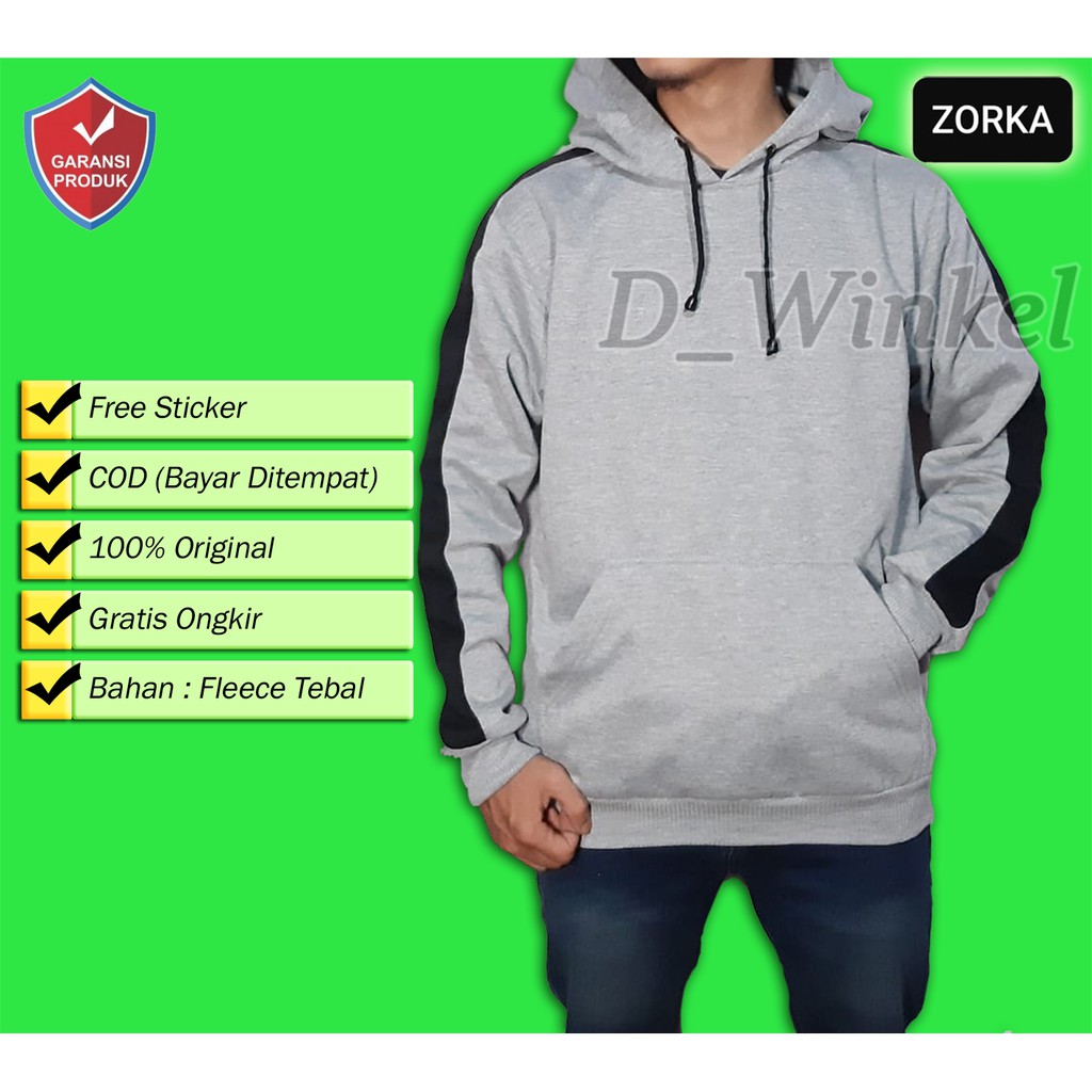 Sweater Polos Abu Muda List Hitam / Jaket Hoodie Pria List Putih Fleece Premium Tebal DISTRO ZORKA