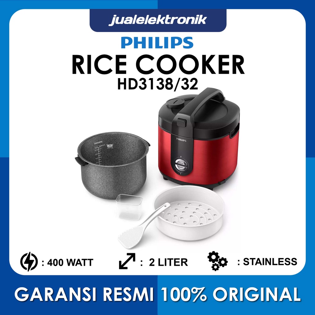 Philips HD3138/32 – Rice Cooker 2 Liter Premium Plus Red Bakuhanseki HD3138 / HD-3138 / Penanak Nasi / Penghangat Nasi