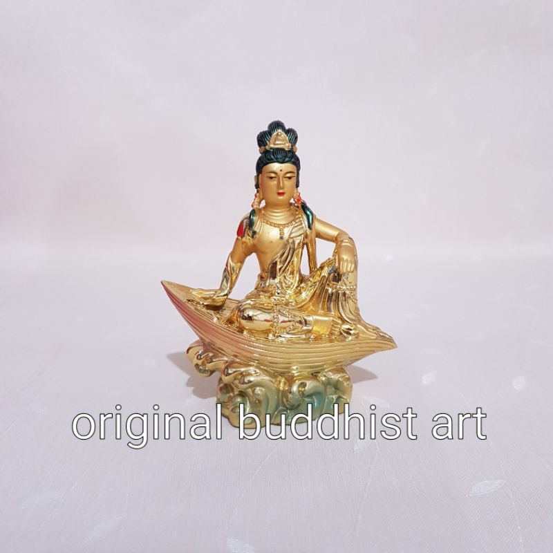 pajangan dewi kwan im duduk daun emas 11cm