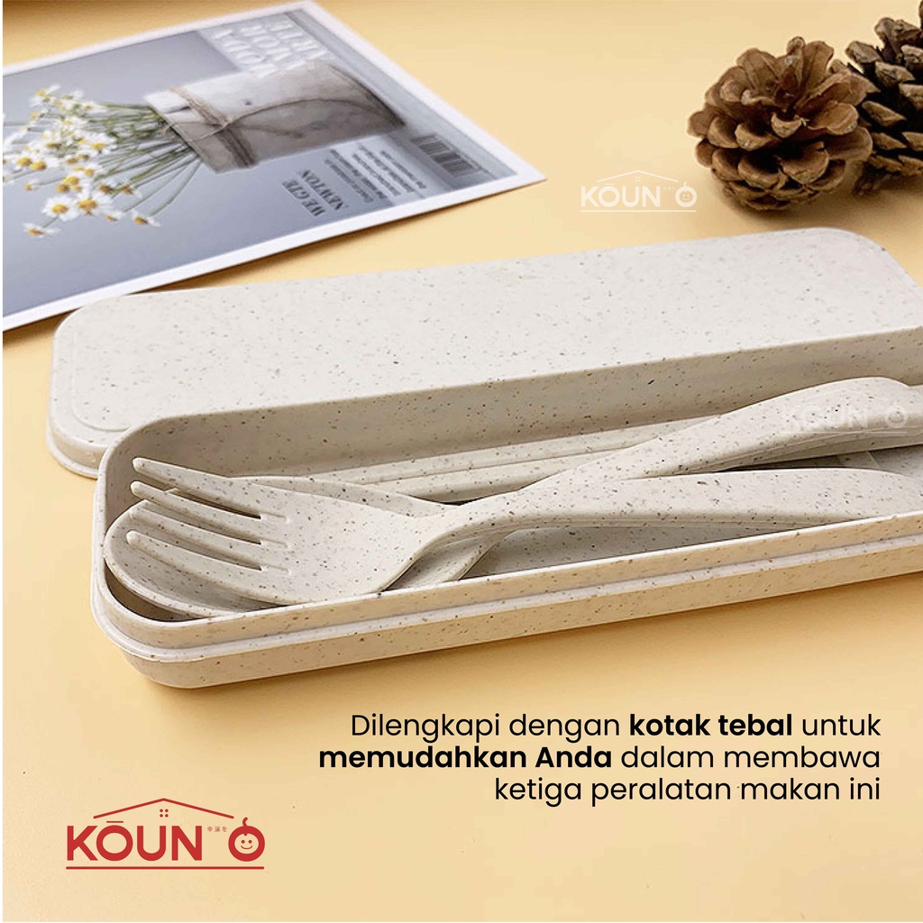 1 Set Alat Makan Sendok Garpu Sumpit + Box Plastik Jerami Wheat Straw Portable Travel Cutlery