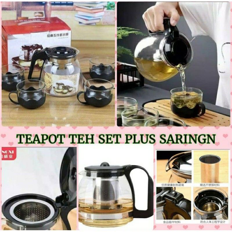 (FREE BUBBLE WRAP) Teapot Set Kaca Dengan Saringan 5 In 1