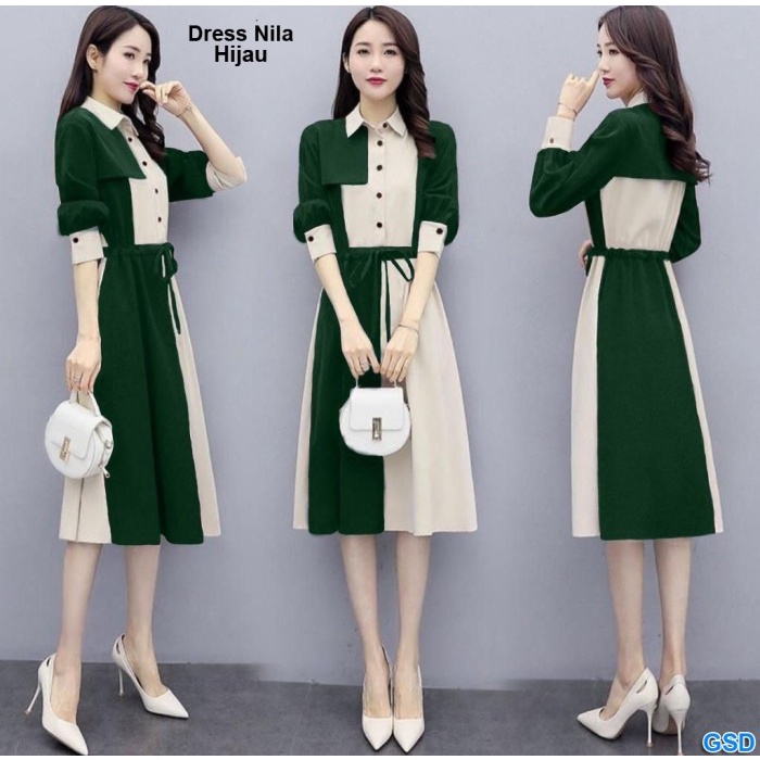 Dress Nila / Terusan Dress Wanita /Midi Dress Santai Kerah Kemeja - ARMI