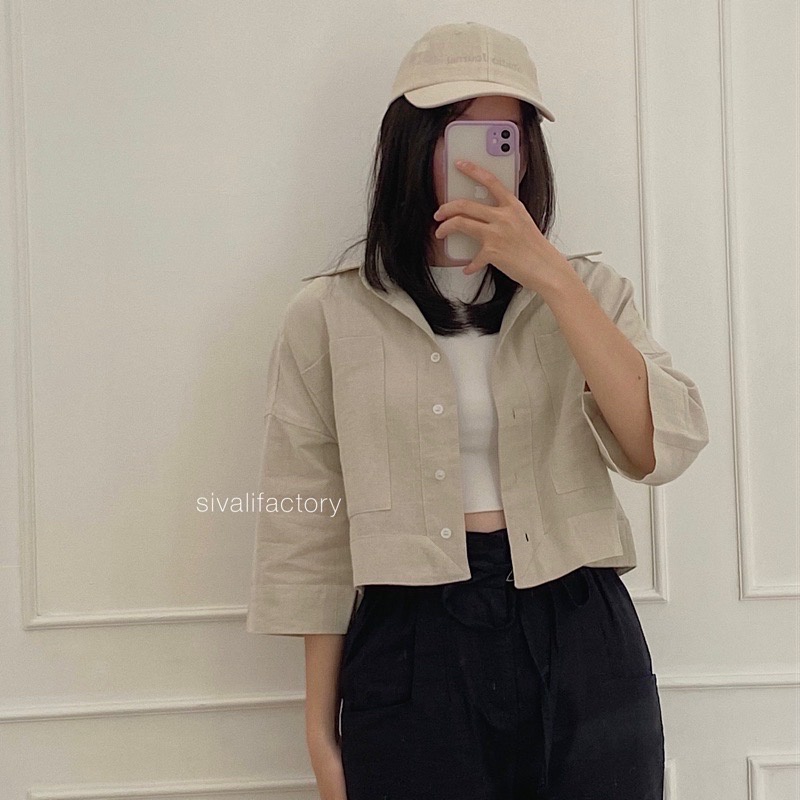 Kemeja Crop Linen Pocket - Oversized Shirt Linen - Outer Crop Linen - Atasan Wanita 991