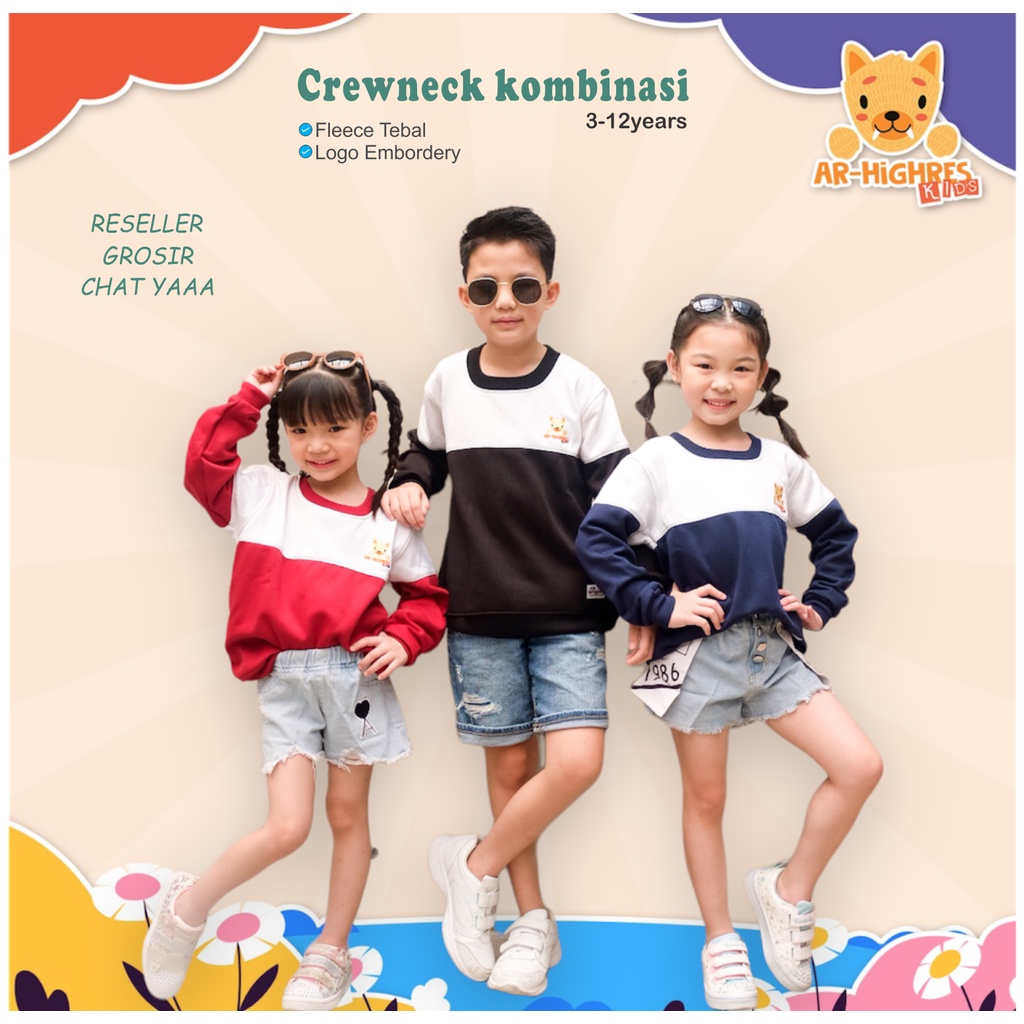 Crewneck kombinasi Anak /Sweater kombinasi anak/ embordery (Unisex) Kombinasi Warna