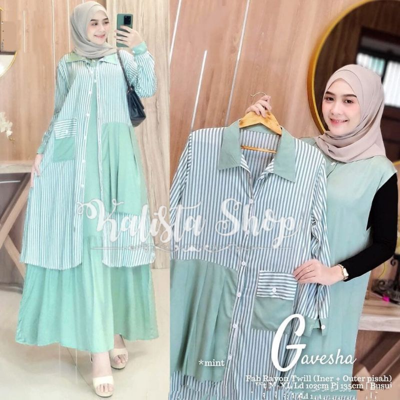 Gavesha Set Iner Outer Dress Gamis Daily Wanita Muslim Lengan Panjang Rayon Katun Salur Premium Size