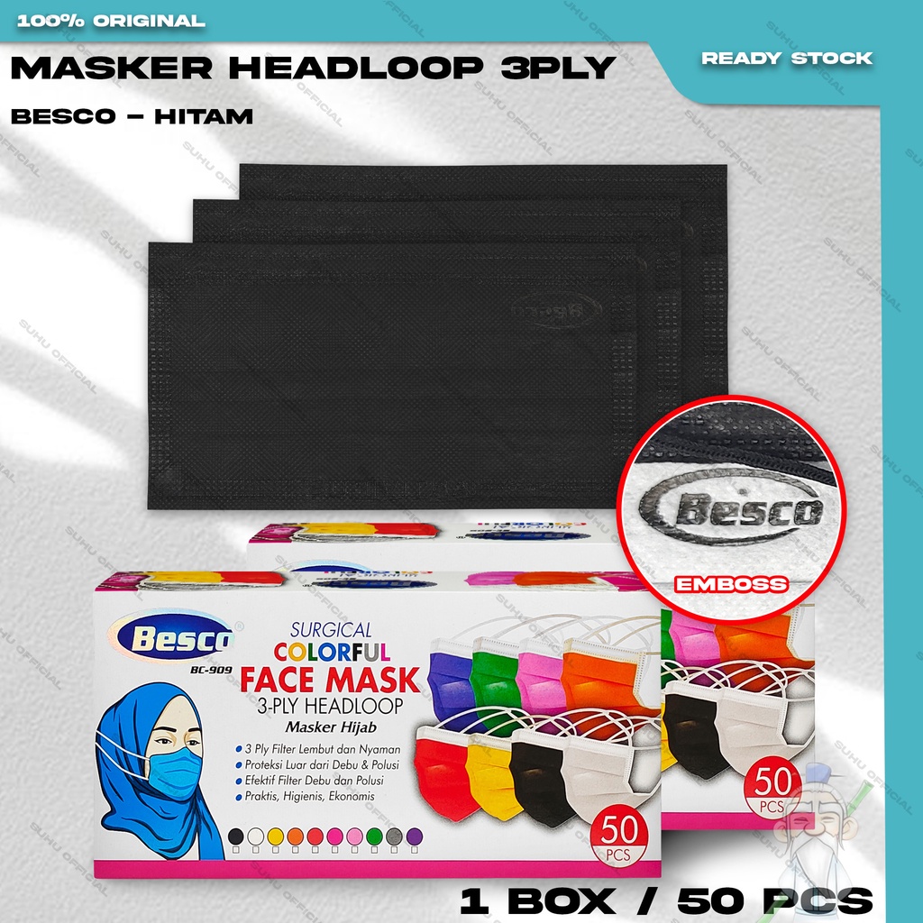 Masker Hijab Medis 3Ply BESCO Warna Hitam Black Headloop 3 Ply Surgical Mask Kemenkes