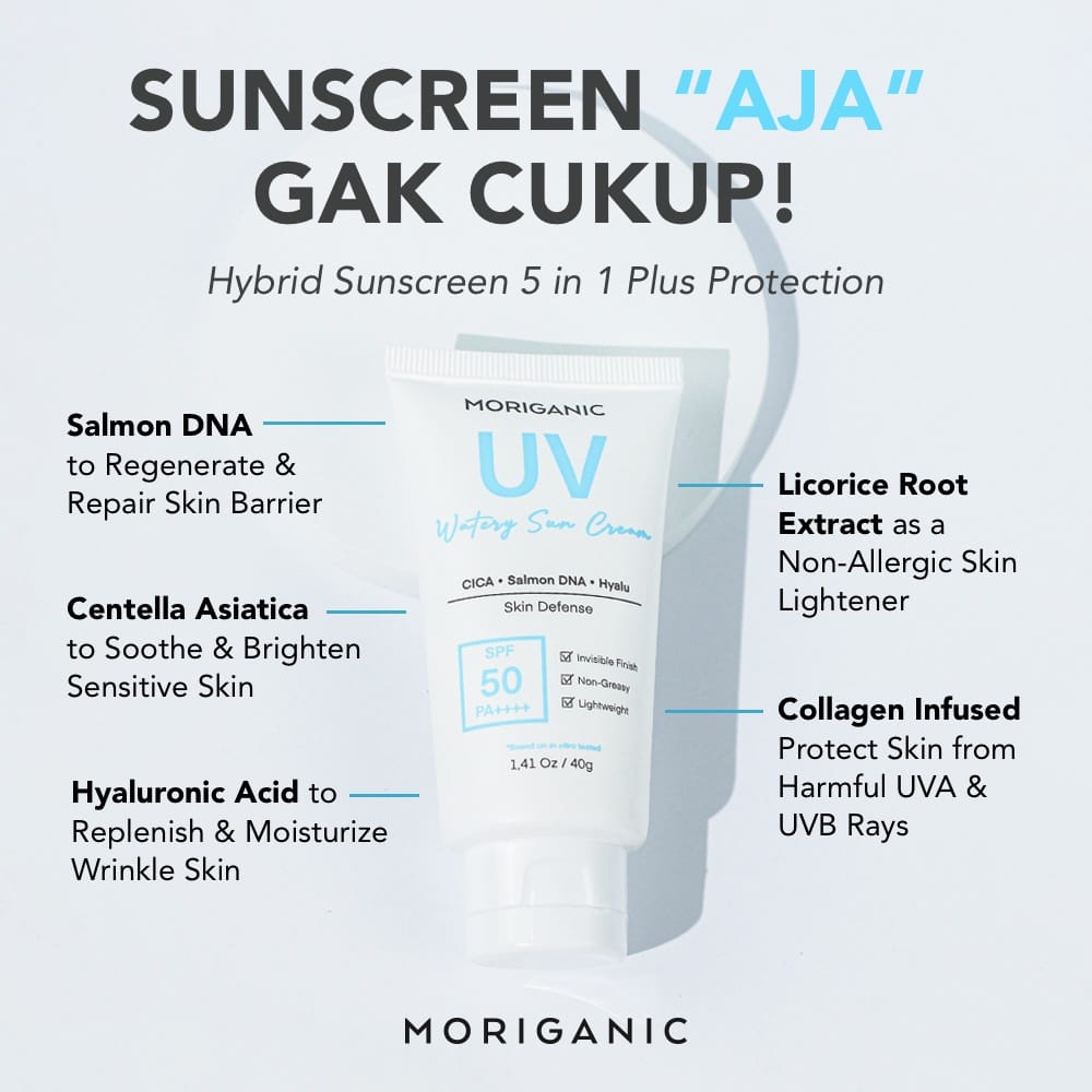 Moriganic Sunscreen UV Watery Sun Cream with CICA - Salmon DNA - Hyaluronic SPF50 PA++++ 40gr