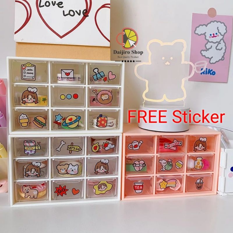Kotak Laci Mini FREE STIKER Dekorasi Tempat Penyimpanan 9 Slot Aksesoris Kosmetik Stationery Aesthet