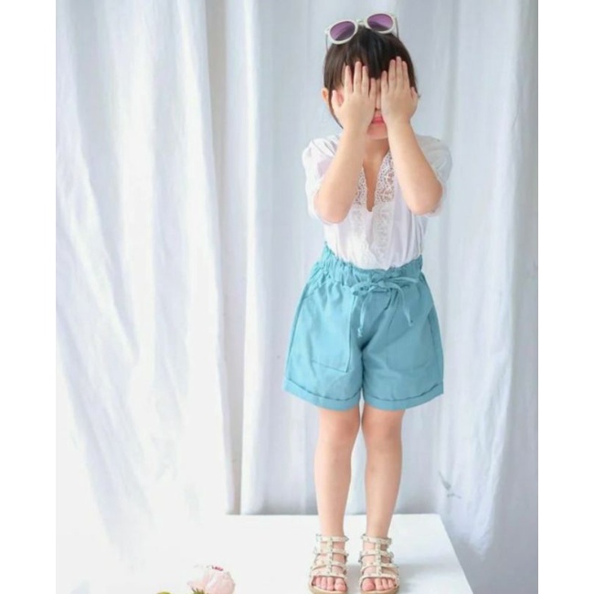 Gempita Shortpants Celana Pendek Anak Perempuan Usia 2 3 4 5 6 Tahun Bahan Katun Linen Warna Piolos Bertali