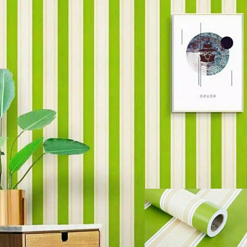 Wallpaper Sticker Dinding Motif Salur Hijau Panjang 10Meter Lebar 45Cm