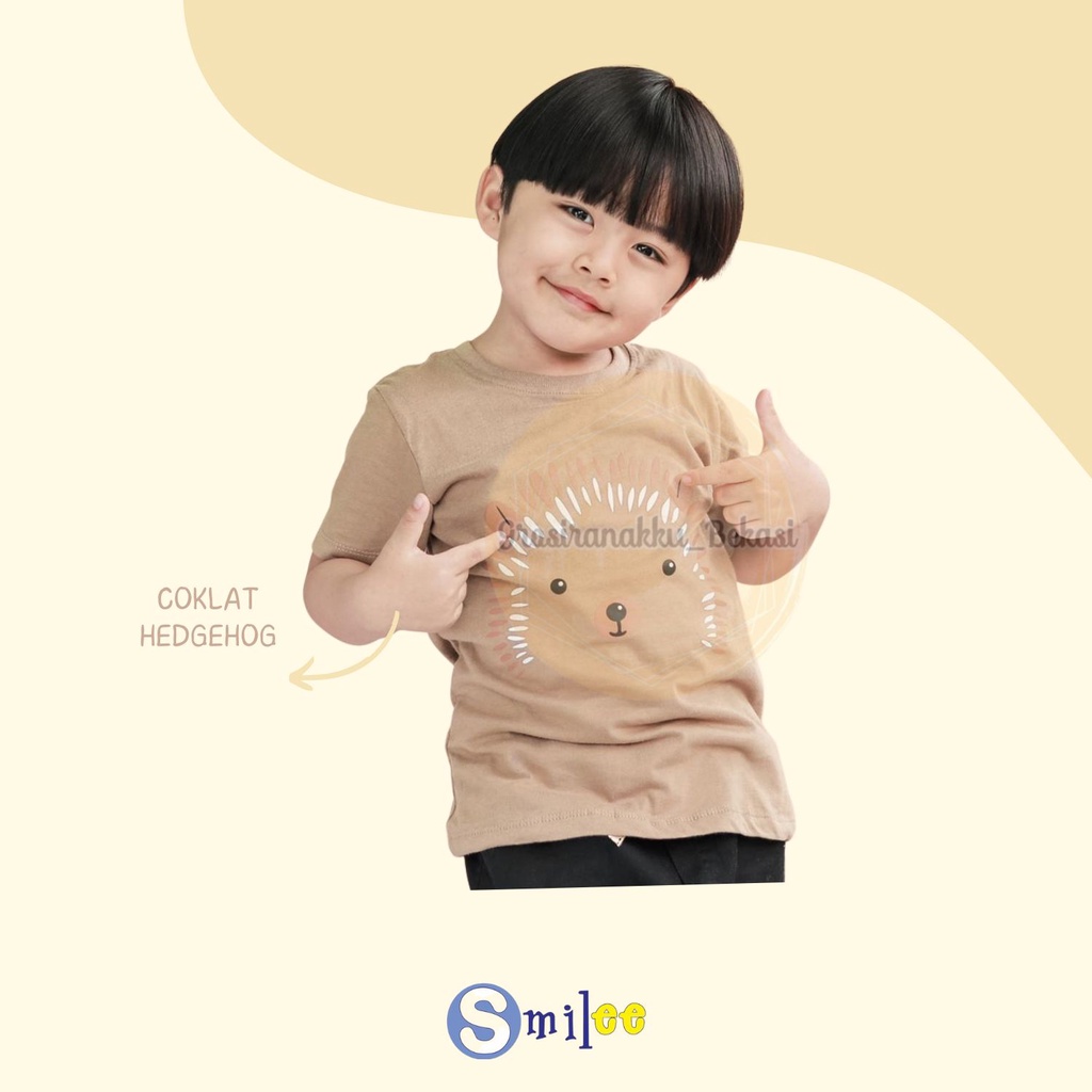 Kaos Anak Cowok Smilee Murah Animal Coklat Hedgehog Size 1-5Thn