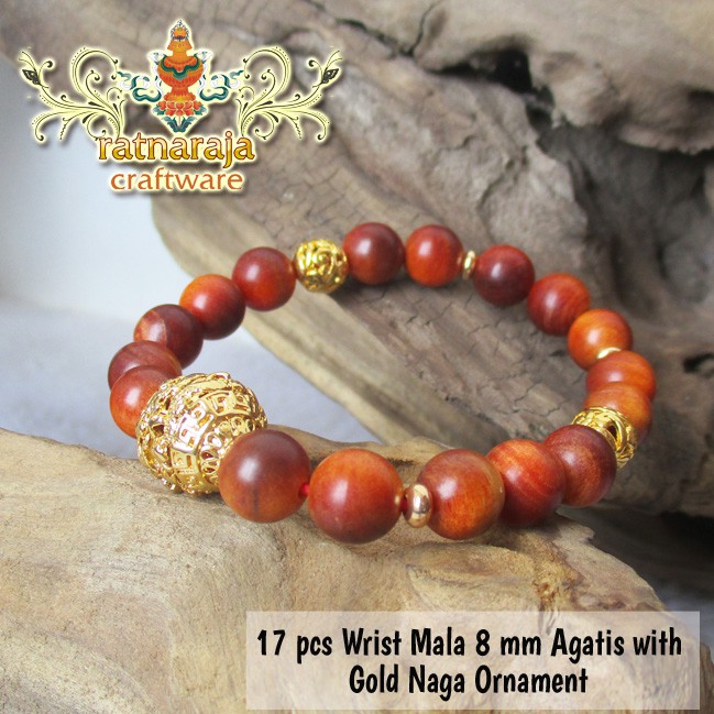 Gelang Kayu/Wrist Mala 8 mm Agatis with Gold Naga Ornament