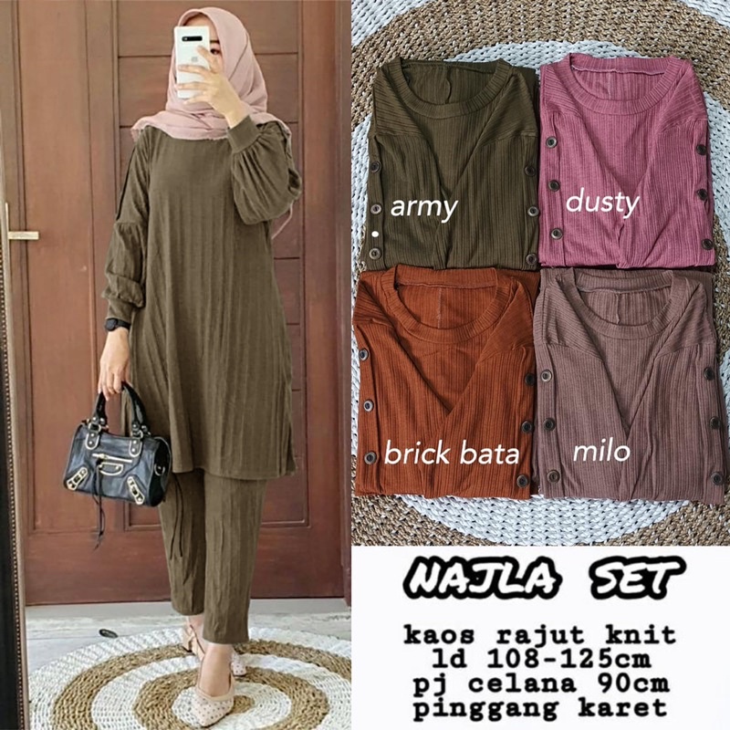 Najla Set New Premium Original Fashion Solo Setelan Wanita Kaos Rajut Knit Premium Polos Adem Bisa M