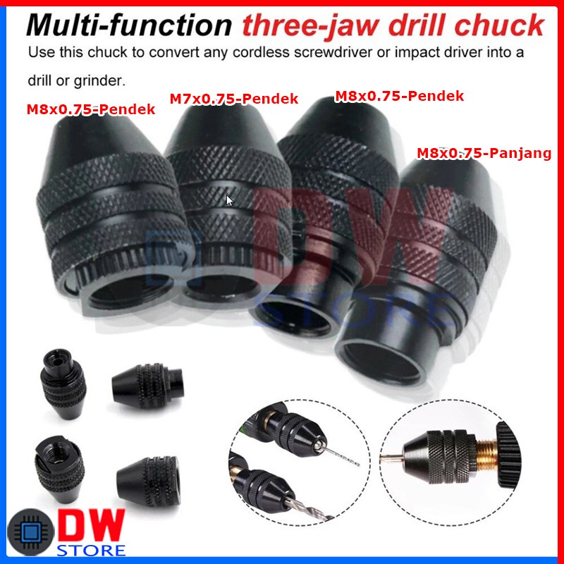Kepala Bor Mini Drill Chuck Keyless Grinder Universal 0.3-3.2mm - M8x0.75-PENDEK