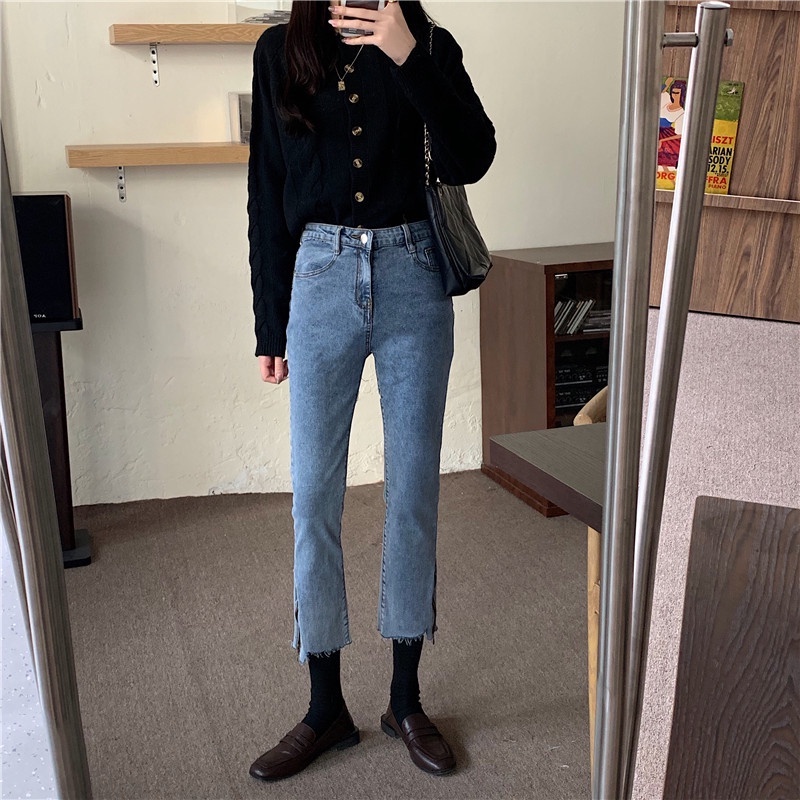 Celana Panjang Wanita Crop Jeans High Waist Straight Pants