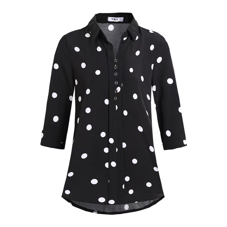 【Ready Stock】L-5XL Kemeja Wanita Sifon Lengan 3/4 Polka Dot Collared Putih Hitam Kasual Longgar Atasan Women Shirt