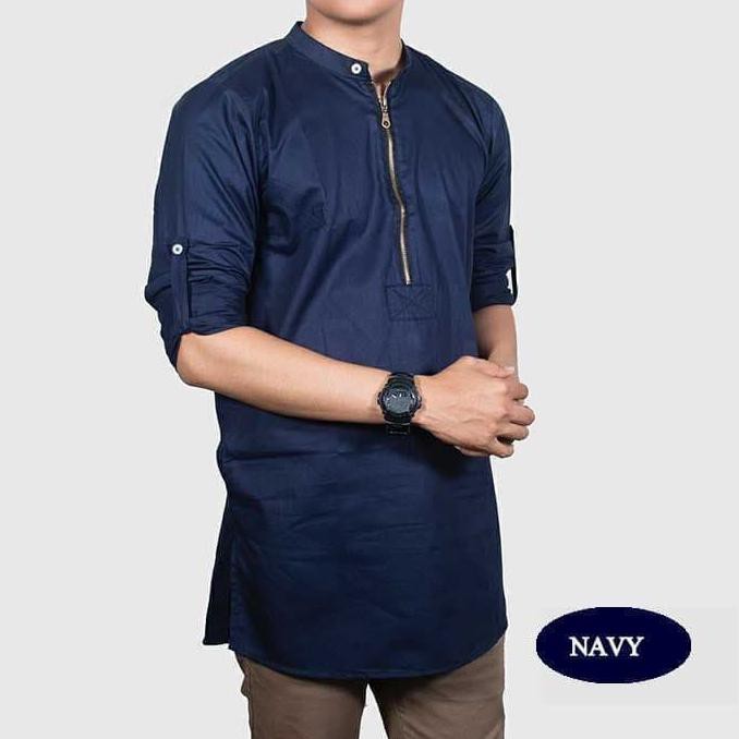 Baju Koko Pria Kemeja Koko Reseleting Baju Muslim Pria Zipper Qurta - Navy