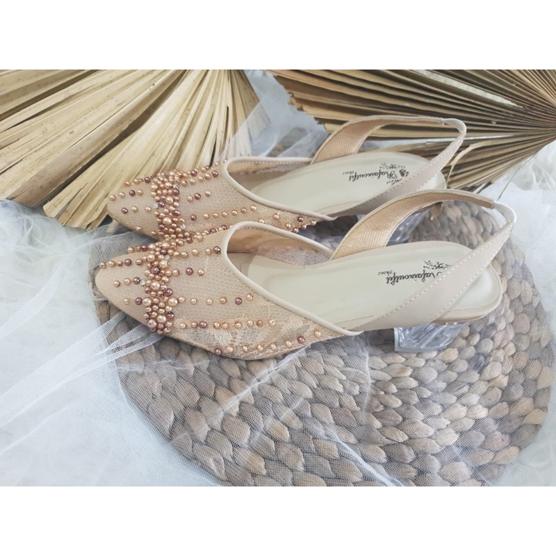 sepatu wedding shoes wrna cream tali tinggi 5cm kaca