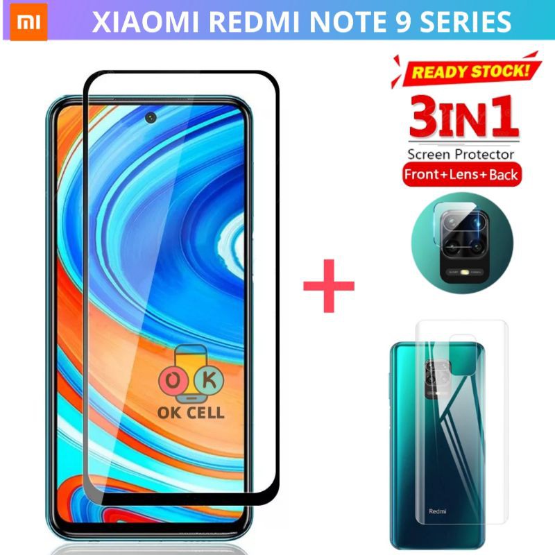 3IN1 Tempered Glass Full Layar Redmi Note 9 / PRO / MAX TG Anti Gores Belakang Skin Aurora Premium