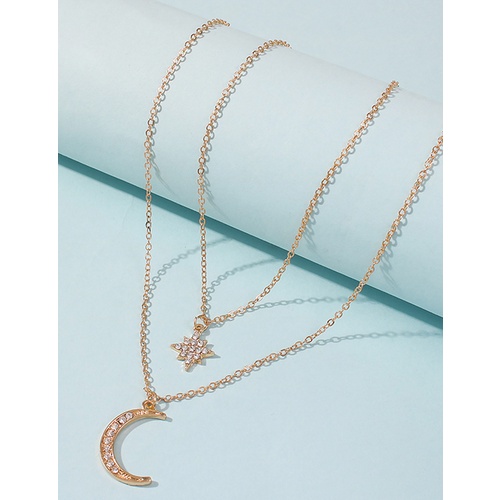 LRC Kalung Fashion Gold Color Alloy Diamond Double Crescent P28936