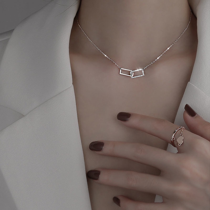 Korean Tide New Diamond-studded Square Clavicle Necklace Super Fairy Fashion Geometric Girlfriend Sweet Heart Jewelry