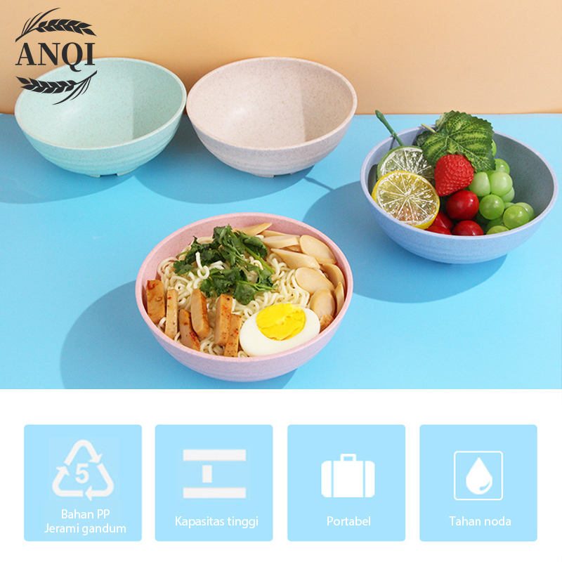 ANQI 4Pcs Mangkok Bowl Mangkuk Plastik Microwave Warna Warni Set Mangkuk Gandum Quality Wheat Bowl