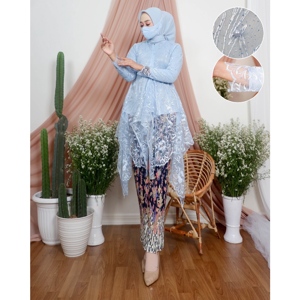 ADE> SET KEBAYA TUNIK AMANDA - OUTFIT KEBAYA MODERN - TUNIK TILLE KEBAYA MUTIARA / KEBAYA KONDANGAN-baby blue