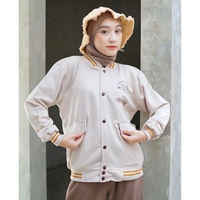 Jaket Baseball Cewek/Wanita Hamster | Jaket Baseball Krem Cewek Lucu Murah