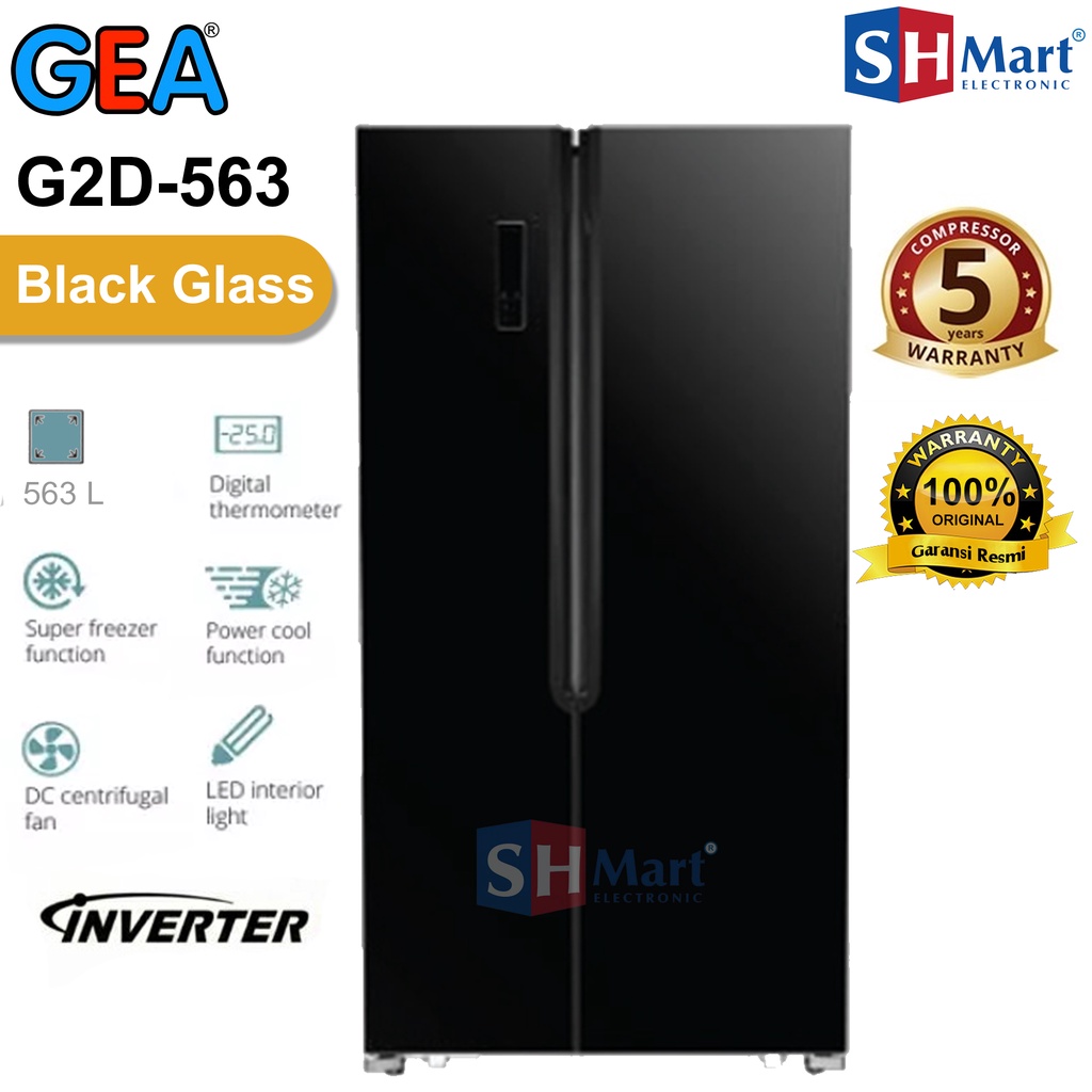 KULKAS SIDE BY SIDE GEA KAPASITAS 563 LITER G2D-563 BLACK GLASS INVERTER HEMAT LISTRIK (MEDAN)