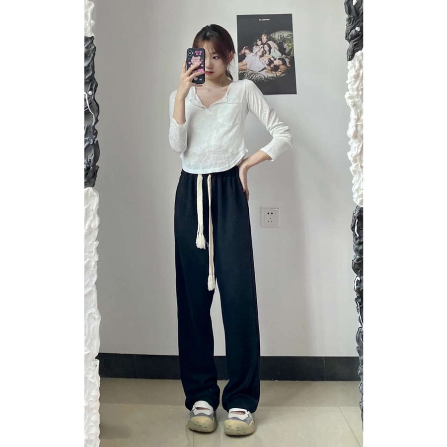 Celana Panjang Sweat Hitam Wanita Celana Olahraga Loose Highwaist Celana Jogger Tanpa Karet Casual Korean Style