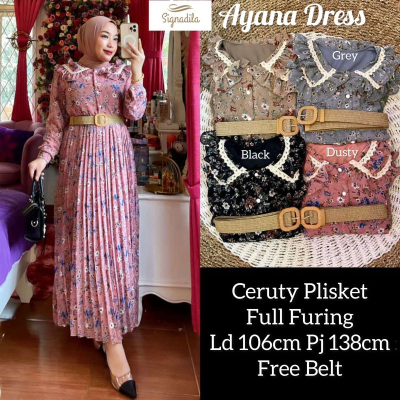 Dress Plisket Wanita Model Terbaru Ayana Dress By Signadila Terbaru Kekinian Full Furing Free Belt