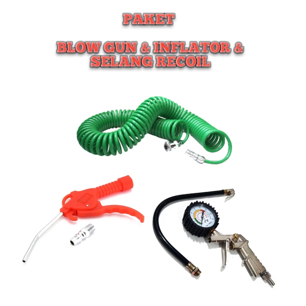 PAKET HEMAT 3 ITEM Semprotan Angin Plastik Air Blow Gun Model Kopler Coupler PLUS selang kompresor PU recoil 4,5M 6M 9M 12M / Air Duster - inflator isian angin murah