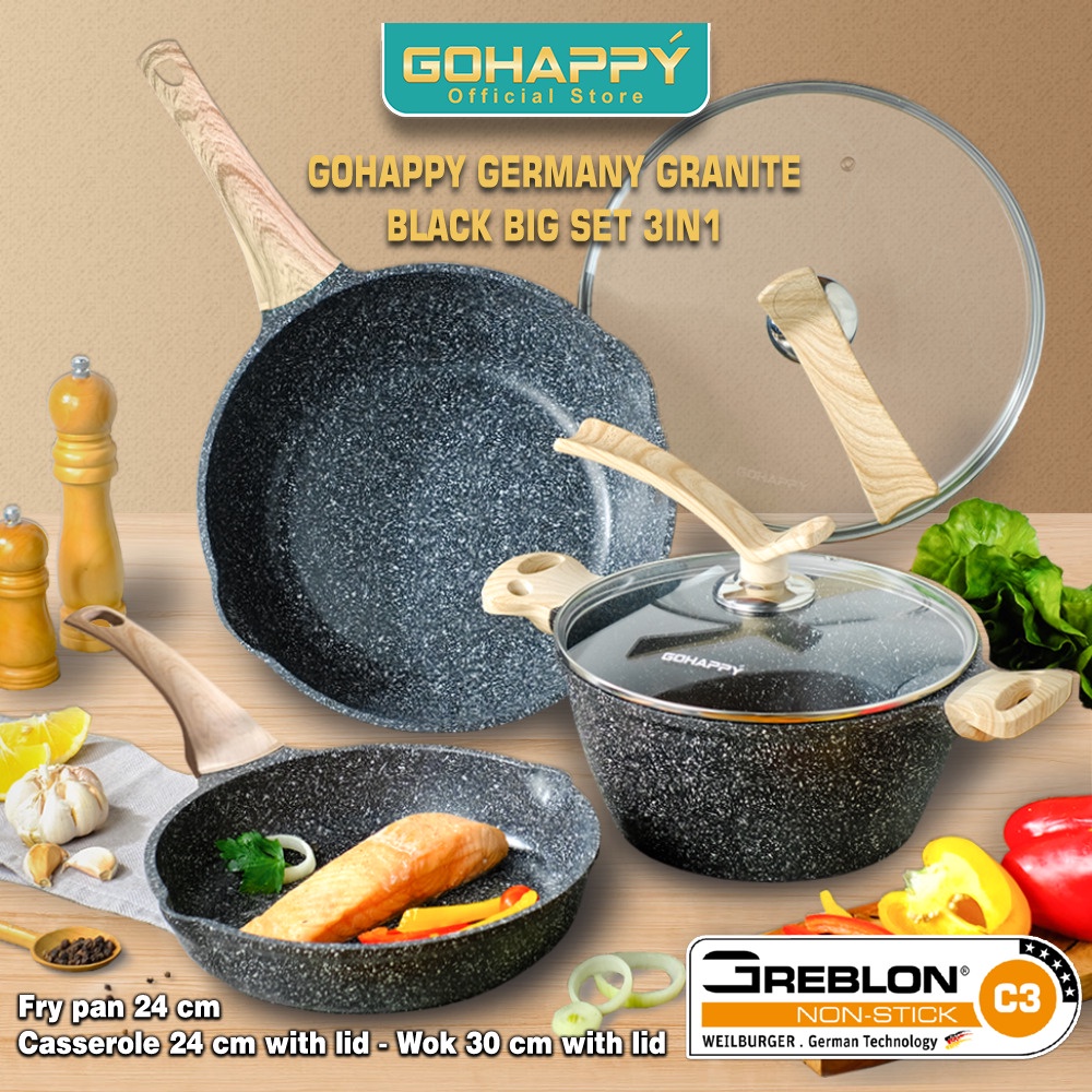 MIZUKI GERMANY GRANITE GOHAPPY PANCI SET 3 BLACK BIG Greblon C3 JERMAN | WOK CASSEROLE FRY PAN