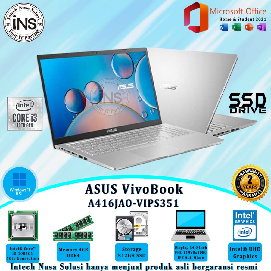 ASUS VivoBook A416JAO-VIPS351 i3-1005G1 4GB 512GB SSD WIN11HSL OHS 21 2YR