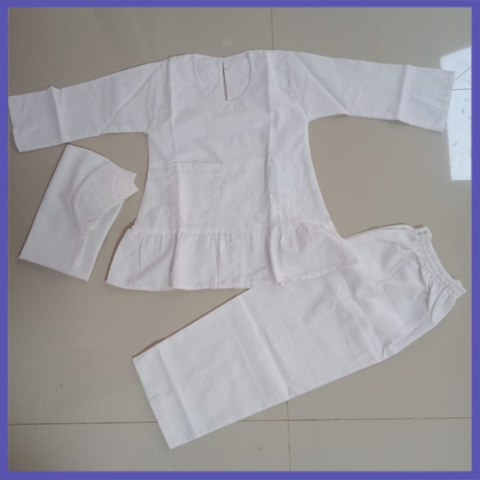 baju Muslim anak perempuan warna putih umur 3-6 tahun stelan TK - Putih, S [TERBARU]