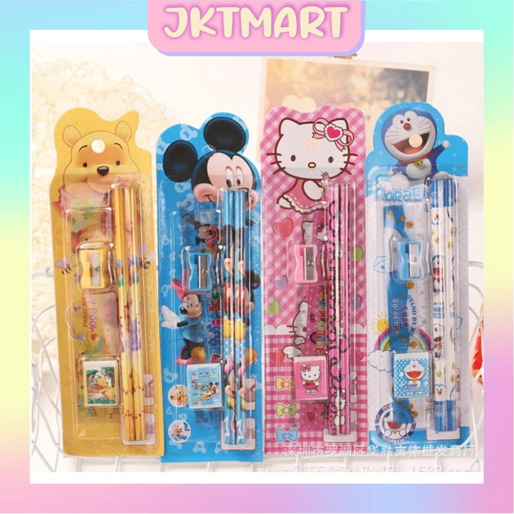 

⭐ JKTMART ⭐ Stationery Set 5 in 1 Alat Tulis Anak Sekolah Penghapus penggaris Pensil Serutan Karakter Lucu Import S004