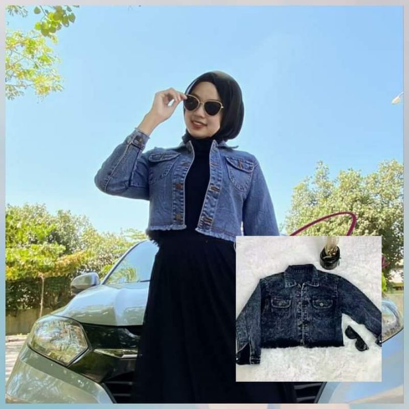 Jaket jeans crop wanita ootd jacket hijab terbaru snow