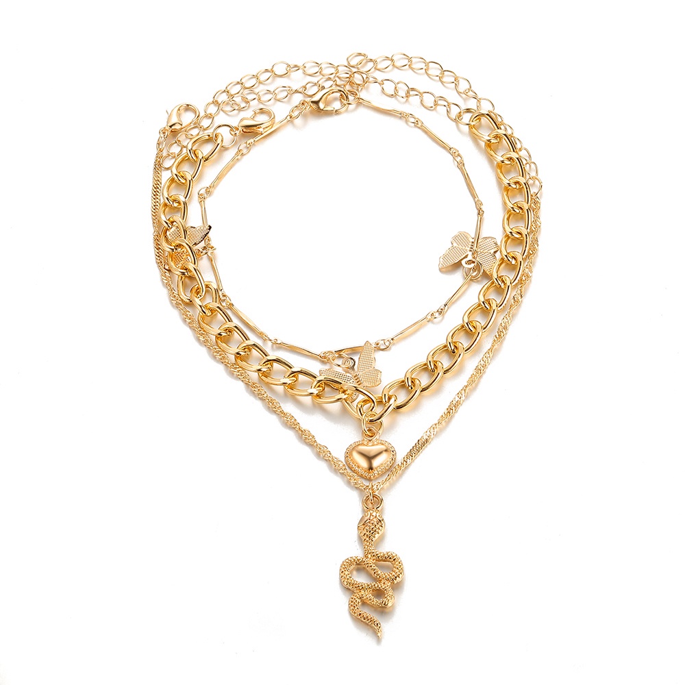 3pcs / Set Gelang Kaki Model Rantai Drop Desain Butterfly Heart Ular Warna Emas Gaya Retro Untuk Wanita