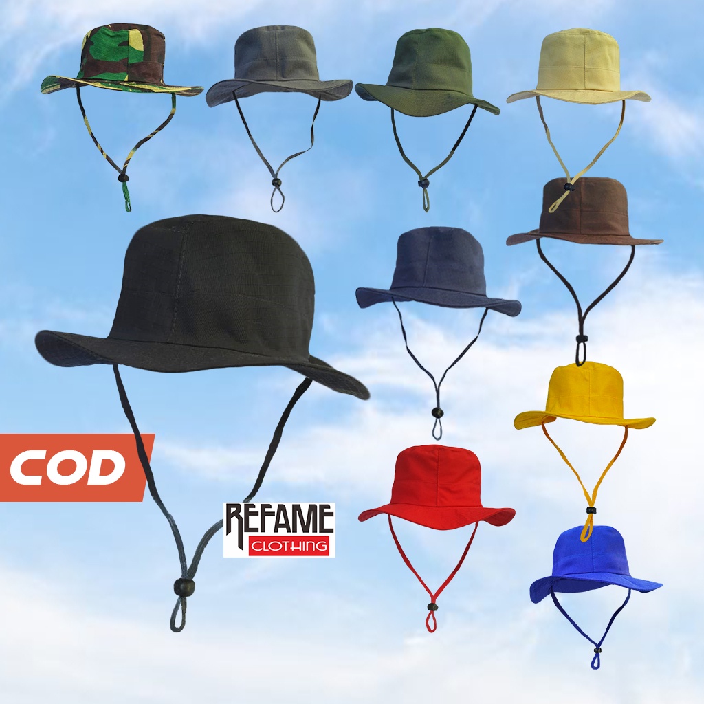 Topi Gunung Rimba Tali Hiking Hutan Camping Hat Tali Hitam Cream Hijau Army Coklat Biru Navy Merah Kuning Abu Grey LorengOutbound Lapangan Kemping Outdoor Pria Wanita