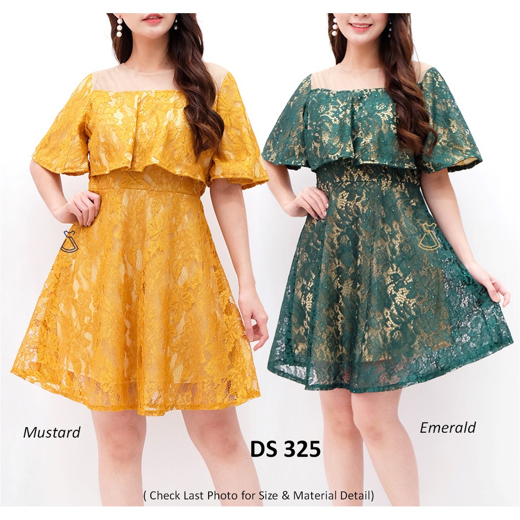 DS325 - DRESS PESTA LACE BRUKAT GLITTER FLARE WANITA