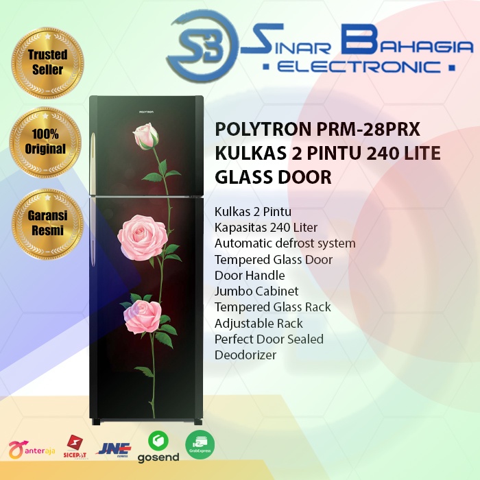 POLYTRON PRM-28PRX KULKAS 2 PINTU 240 LITER GLASS DOOR (NEW) (KHUSUS BANDUNG)