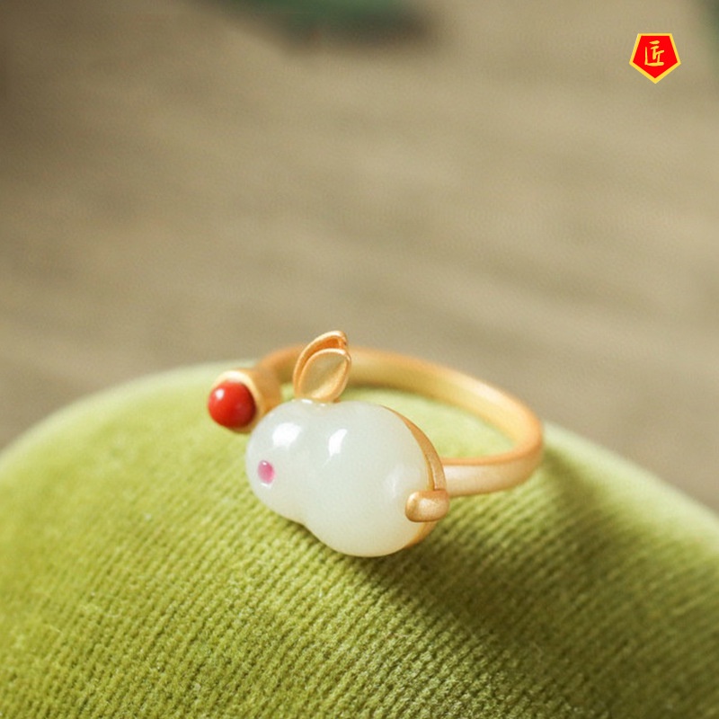 [Ready Stock]Natural Jade Ring Gold Inlaid Chalcedony Bunny Necklace Suit